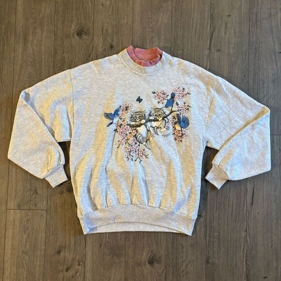 Vintage Morning Sun Sweatshirt Kittens and Blue Birds Grandma Large Grey - Picture 1 of 4